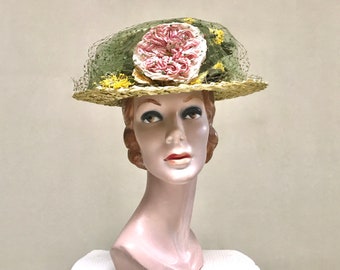 Vintage 1960s MR. JOHN Hat, Woven Green Cello Straw Boater with Gorgeous Silk Flowers, Mid-Century Designer Hat, VFG