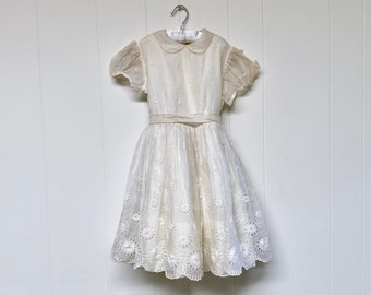 Vintage 1940s Little Girl's White Organdy Eyelet Floral Lace Puff Sleeve Party Dress, 28" Bust, Fab but Flawed to Repair or Repurpose
