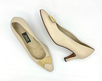 Vintage 1980s Bone Leather Bally of Switzerland Pumps, 80s Designer Heels, Size 7.5 to 8 US, VFG