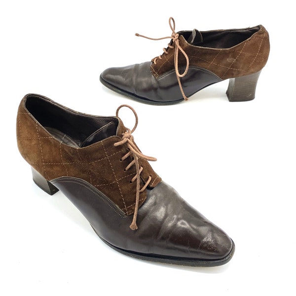 Vintage Oxford-Schuhe zum Schnüren aus braunem Leder und Wildleder, hergestellt in Italien, Damengröße 37 EU, Größe 7 US, VFG