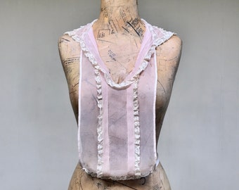 Vintage 1930s Pink Silk Chiffon Lace Collared Bib, 30s Dickie, Art Deco Vestee, Modesty Panel, One Size, VFG