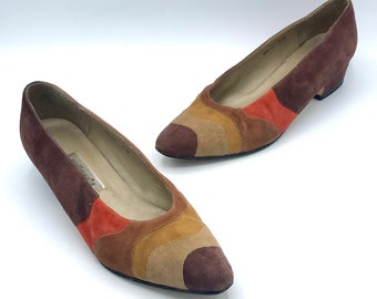 Vintage 1980s Earthtone Suede Color Block Pumps, 80s Fall Color Patchwork Low Heel Shoes, US Size 8 M, VFG