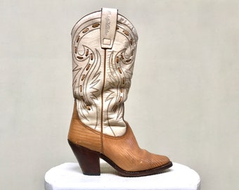 Vintage 1980s Rodolpho Valentino Cowboy Boots, 80s Beige/Brown Leather High Heel Western Boots, Women's Size 5 B US, VFG
