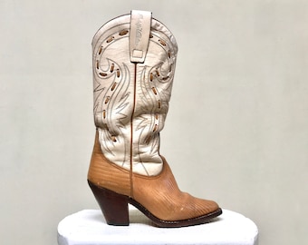 Vintage 1980s Rodolpho Valentino Cowboy Boots, 80s Beige/Brown Leather High Heel Western Boots, Women's Size 5 B US, VFG