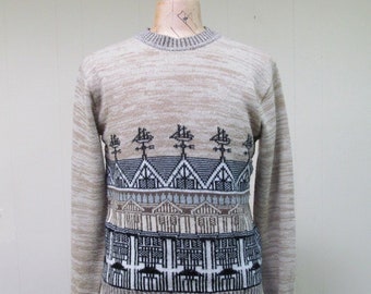 Vintage 1970er Acryl Strickpullover, 70er Jahre Pullover mit architektonischem Muster, 111 cm Brust, VFG