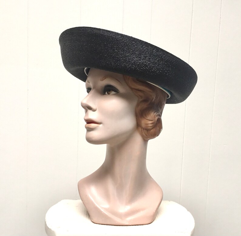 Vintage 1960s Miss Schiaparelli Hat, 60s Mod Black Straw Breton Hat, Mid-Century Madeline Hat, New with Tags, 21 1/2 Inches, VFG image 4