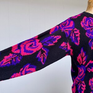 Vintage 1980s Slouchy Dark Floral Sweater, Black Pink Purple Metallic Roses Pullover, New Wave Acrylic Novelty Knit, 44 Bust Medium, VFG image 6