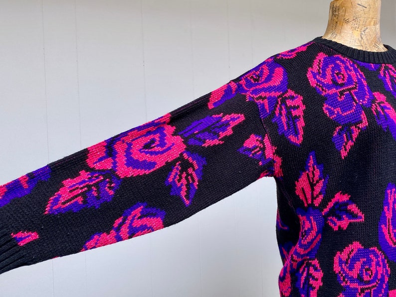 Vintage 1980s Slouchy Dark Floral Sweater, Black Pink Purple Metallic Roses Pullover, New Wave Acrylic Novelty Knit, 44 Bust Medium, VFG image 6