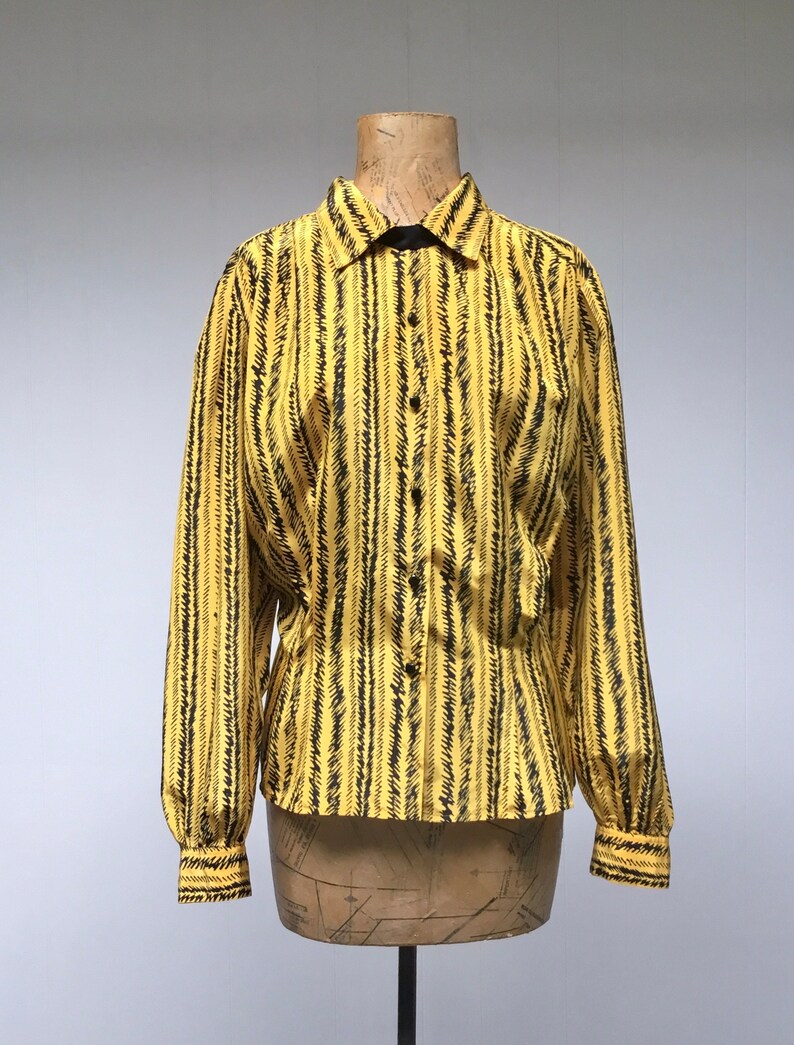 Vintage 1980s New Wave Blouse, 80s Marigold Long Sleeve Crosshatch Striped Polyester, Modest Neil Martin Office Attire, Medium to Large, VFG image 5