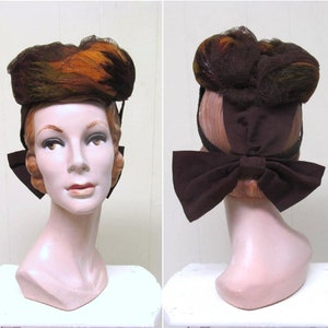 Vintage 1940s Feather Hat, 40s Tilt Hat, 40s Earthtone Feather Toque, 40s Feather Pillbox with Bow, VFG