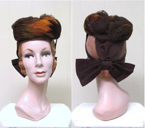 Vintage 1940s Feather Hat, 40s Tilt Hat, 40s Eart… - image 1