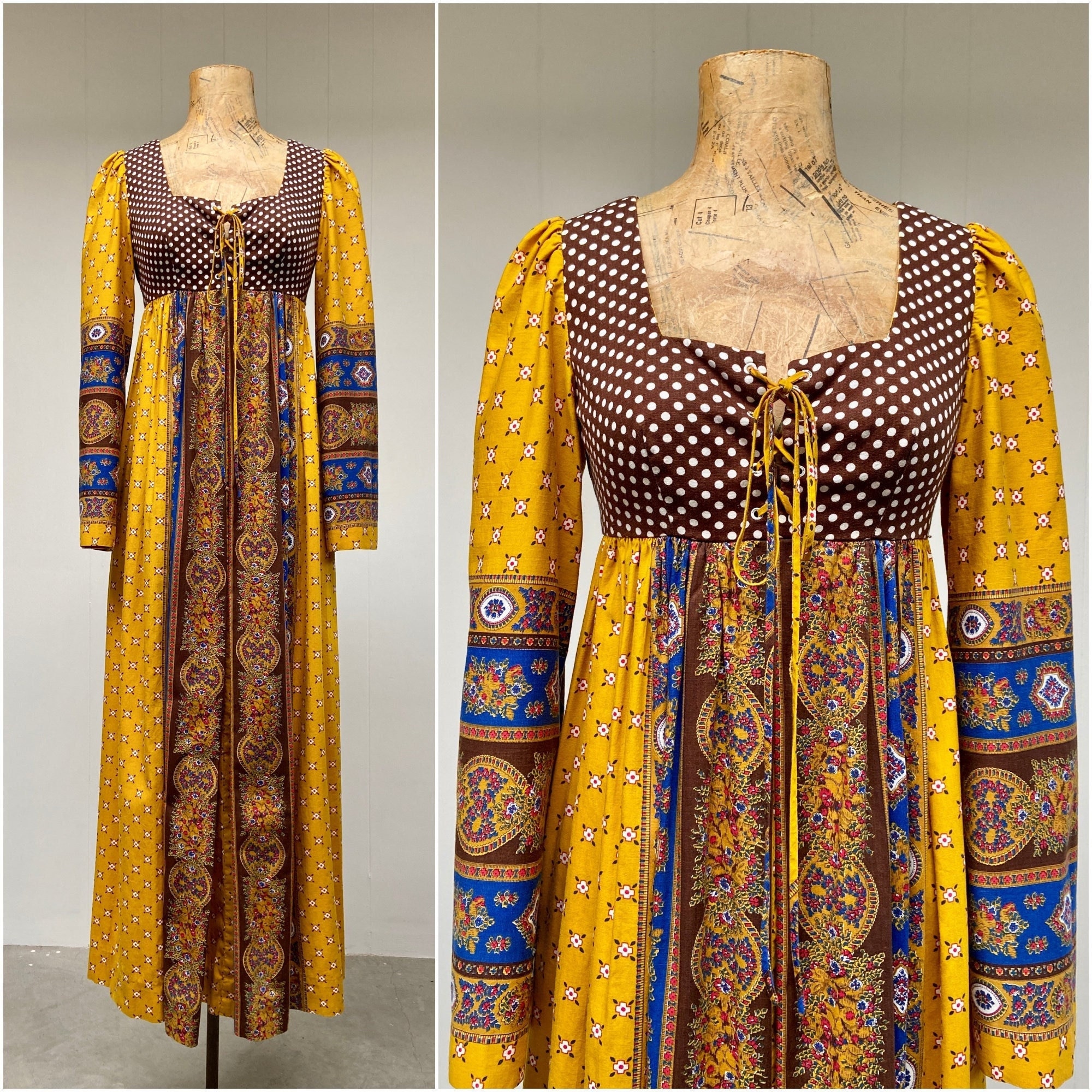 RanchQueenVintage Vintage 1960s Puffed Sleeve Boho Maxi Dress, Joseph Magnin Cotton Patchwork Peasant Dress, Empire Waist Festival Gown, Small, VFG RanchQueenVintage Vintage 1960s Puffed Sleeve Boho Maxi Dress, Joseph Magnin Cotton Patchwork Peasant Dress, Empire Waist Festival Gown, Small, VFG