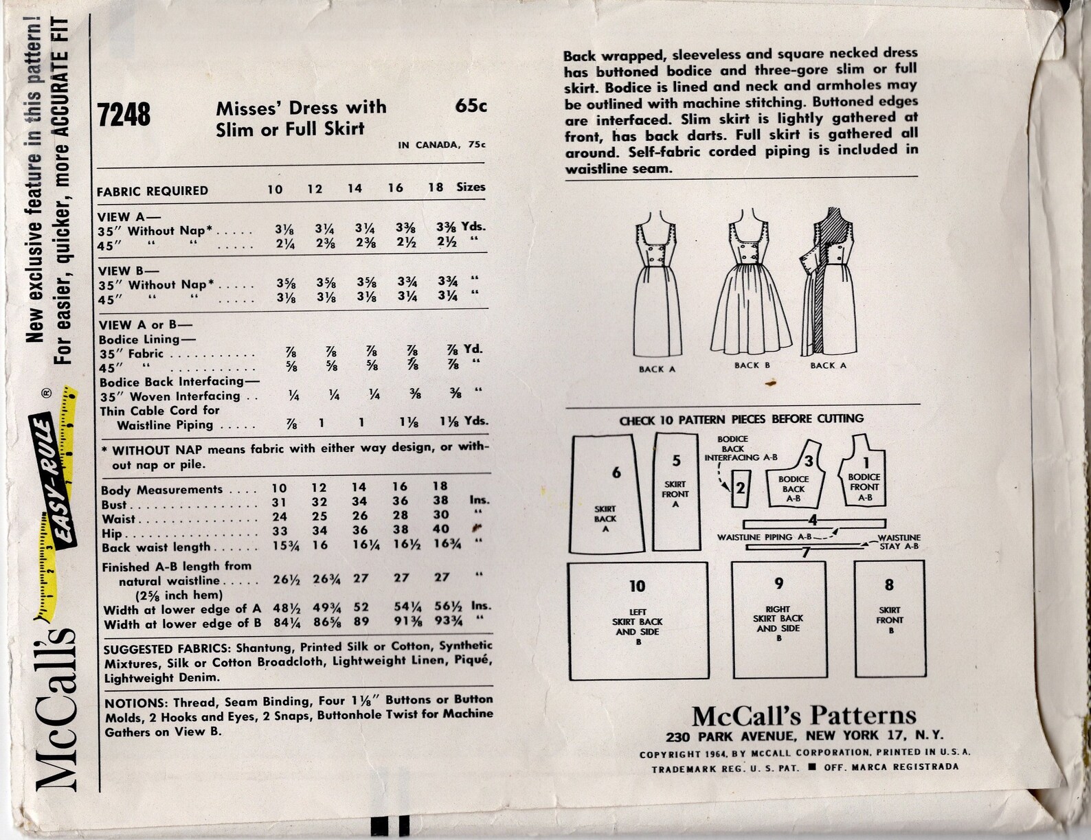 Vintage 1964 McCall's Sewing Pattern 7248 Misses Etsy