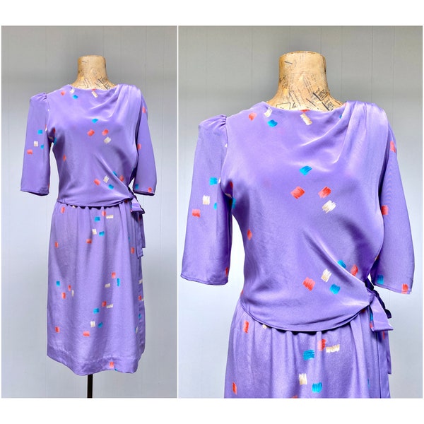 Vintage 1980s Lilac Puff Sleeve Dress, 80s Asymmetrical Layered New Wave Fashion, Small