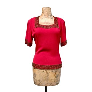 Vintage 1940s Red Rayon Crepe Beaded Blouse, 40s Crimson Short Sleeve Cocktail Top, Small 34&quot; Bust, VFG