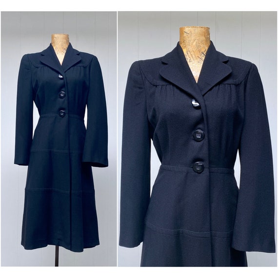 Vintage 1940s Black Wool Crepe Coat, 40s Fit and … - image 1