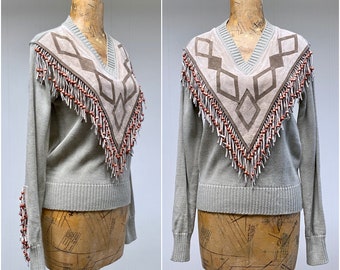 Vintage 1970er Jahre Southwestern Wildleder Fransen Perlen Pullover / 70er Jahre Taupe Boho Country Western Strick, Deadstock Neu mit Etikett, Medium, VFG