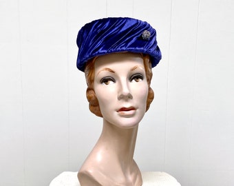 Vintage 1960s Cobalt Blue Panne Velvet Pillbox Hat, Mid-Century Cocktail Hat, Size 22
