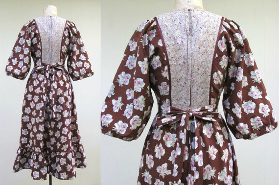 Vintage 1970s Brown Floral Cotton Day Dress, 70s … - image 4