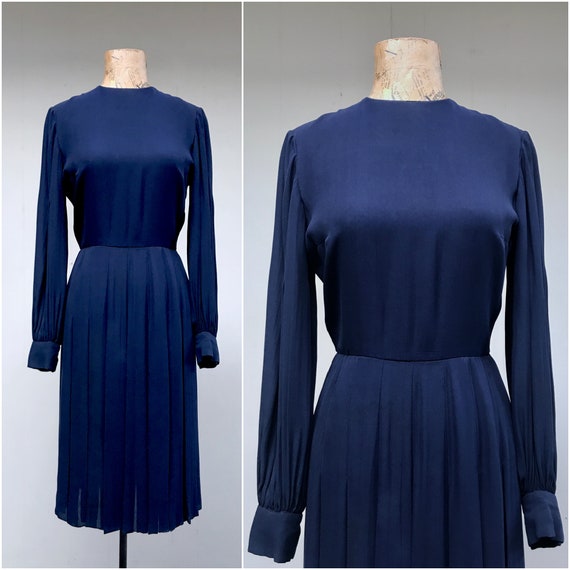 Vintage 1960s Bill Blass Navy Silk Chiffon Dress,… - image 1