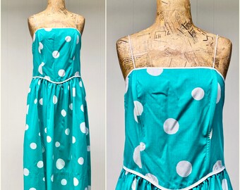 Vintage 1970s Oscar de la Renta for Swirl Sun Dress, 70s Polka Dot Boned Princess Seam Bodice with Shirred Back, Medium