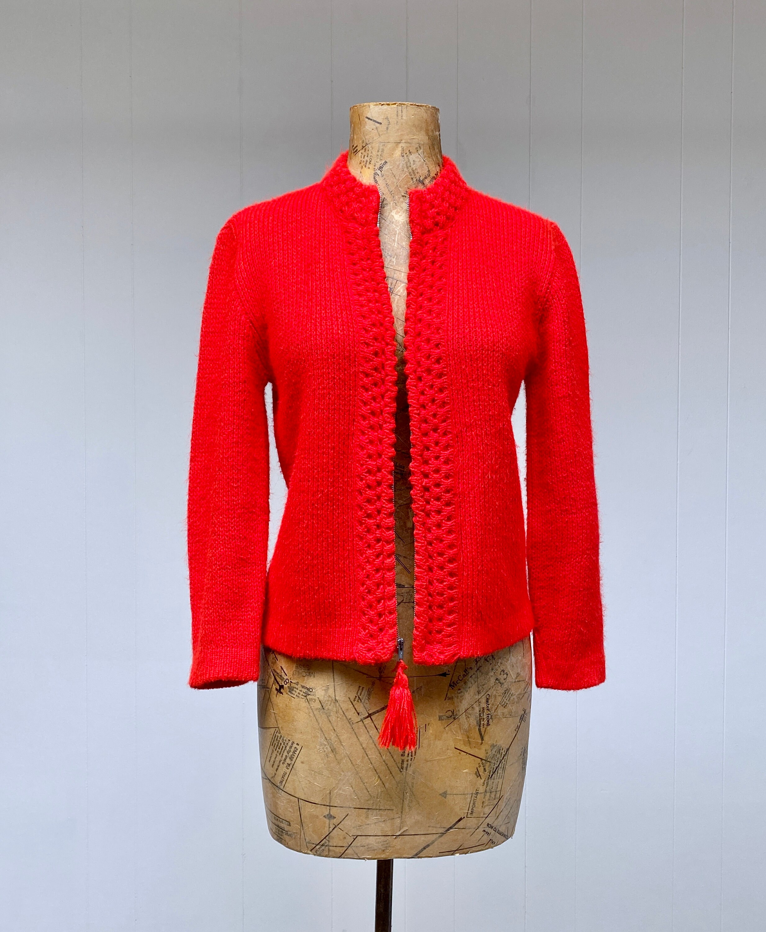 Vintage 1960s Red Acrylic Zippered Cardigan, 60s Sweater