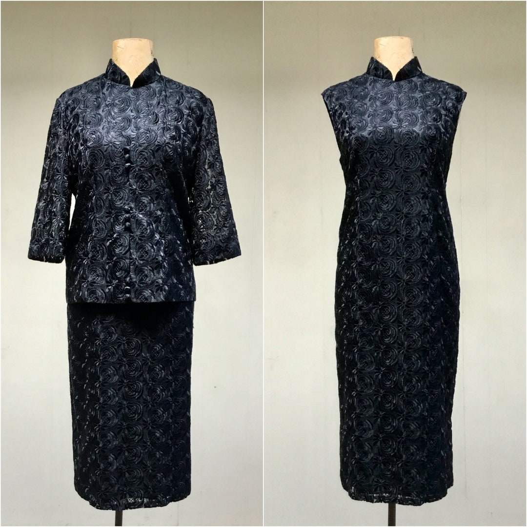 Vintage 1960s Black Cheongsam Cocktail Suit Floral - Etsy