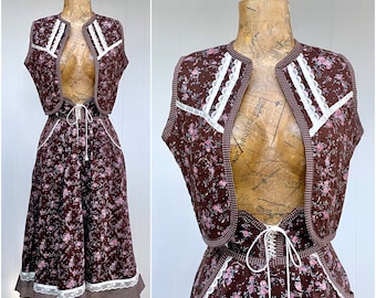 Vintage 1970s Gunne Sax Floral Cotton Peasant Skirt/Quilted Vest, 70s Jessica McClintock Boho Cottagecore Prairie Style, Small, VFG