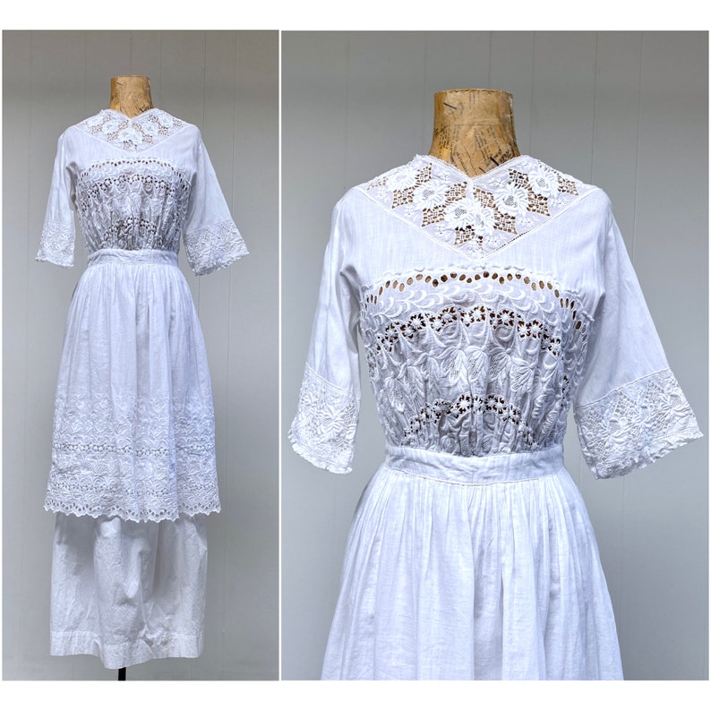 Vestido de té eduardiano antiguo, fiesta en el jardín de encaje de algodón de la década de 1910, ojal floral Ayrshire Whitework, boda de verano, cintura pequeña de 34 busto 26, VFG imagen 1