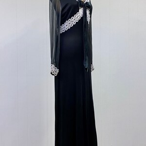 Vintage 1960s Black Empire Waist Maxi w/Guipure Lace, 60s Goth Prom Dress, Polyester Jersey Gown, Small 36 Bust image 2