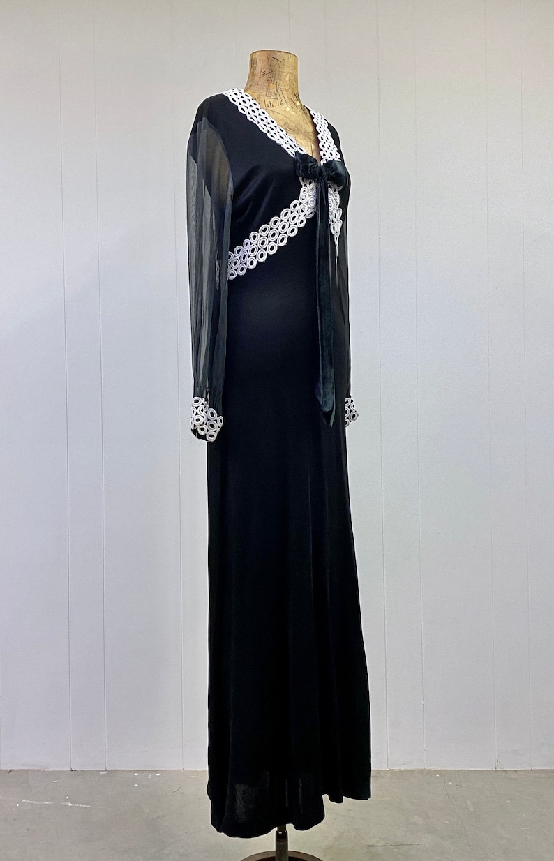 Vintage 1960s Black Empire Waist Maxi w/Guipure Lace, 60s Goth Prom Dress, Polyester Jersey Gown, Small 36 Bust image 2