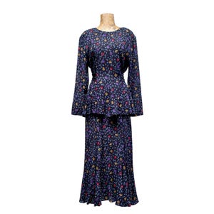 Vintage Carole Little 1980s Does 1940s Peplum Maxi Dress, Black Floral Rayon Frock w/Bias Cut Skirt, Medium, VFG
