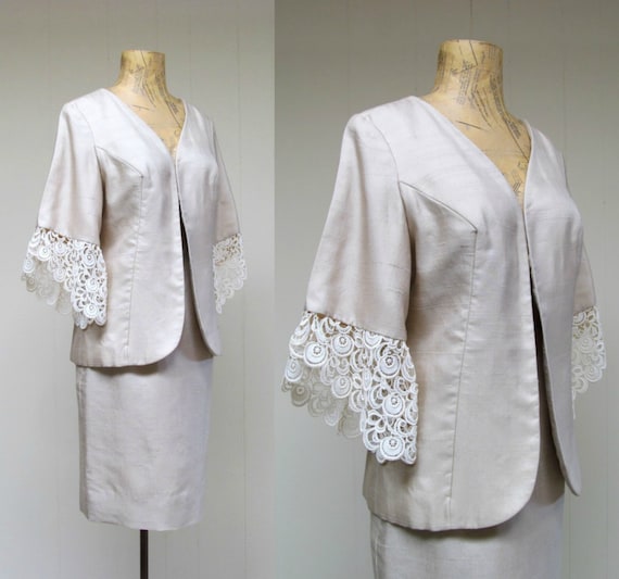 Vintage 1960s Silk Skirt Suit, 60s Bone Silk and … - image 3