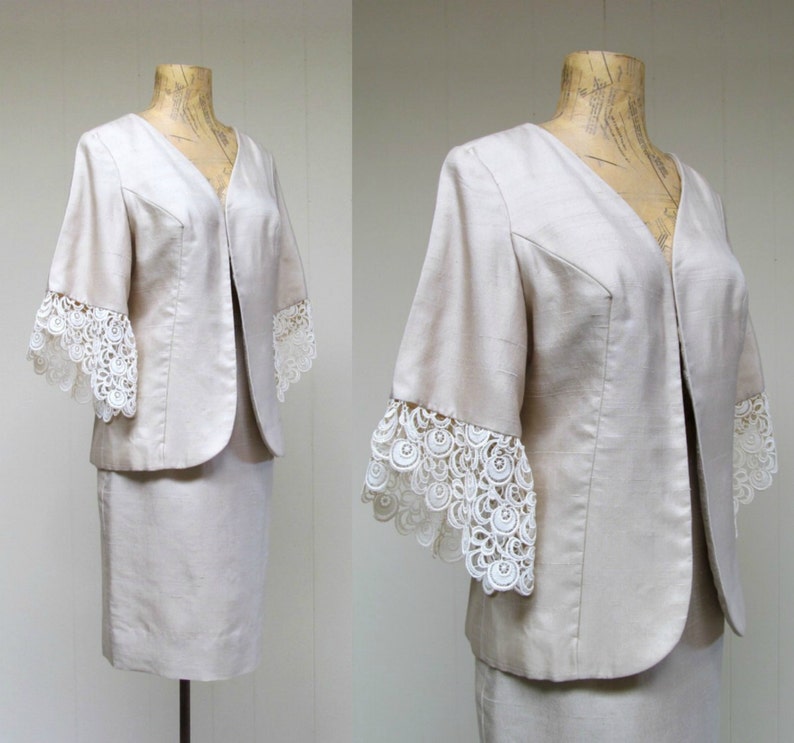 Vintage 1960s Silk Skirt Suit, 60s Bone Silk and Lace Cocktail Suit, Mother of the Bride, Extra-Small Jacket 34 Bust, Skirt Waist 24, VFG image 3