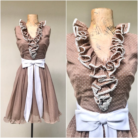 Vintage 1970s Brown Polkadot Dress, 70s Sleeveles… - image 1