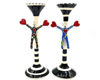 Vintage 1980s Artist Susie Ketchum Porcelain Candlesticks, 2 Whimsical Handmade Ceramic Candle Holders, New Wave Home Decor