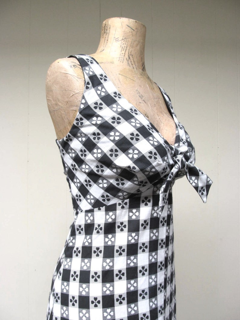 Vintage 1970s Gingham Maxi Dress, 70s Black/White Checkered Tablecloth Print Empire Sun Dress, Medium image 4