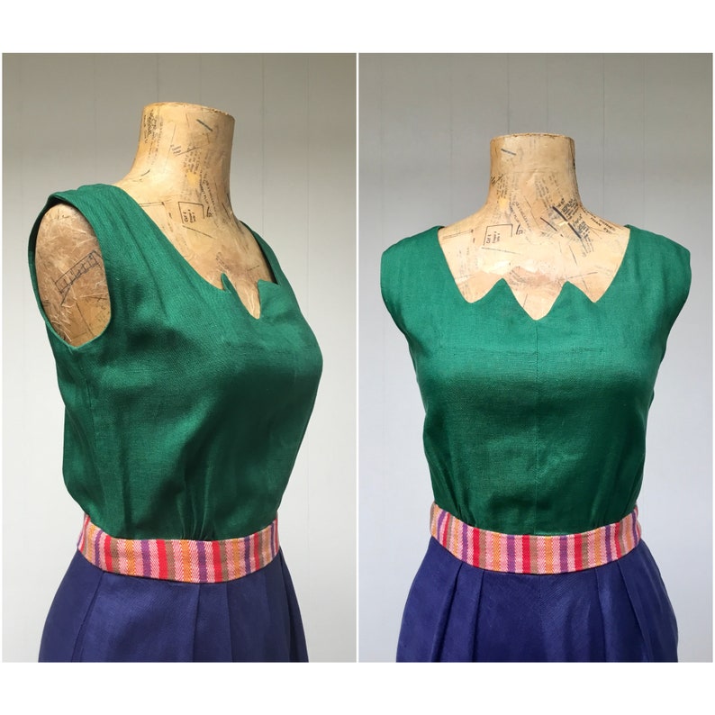 Vintage 1940s 50s Carlye Linen Dress and Jacket Set, Green/Blue Sleeveless Frock w/Bias Cut Skirt, Fitted Short Sleeve Jacket, Small 36 Bust image 8