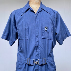 Vintage 1970s Short Sleeve Belted Coveralls, 70s Blue Cotton-Poly Customode Jumpsuit, Utility Work Wear, Leisure Suit, Large 48 Chest, VFG image 5
