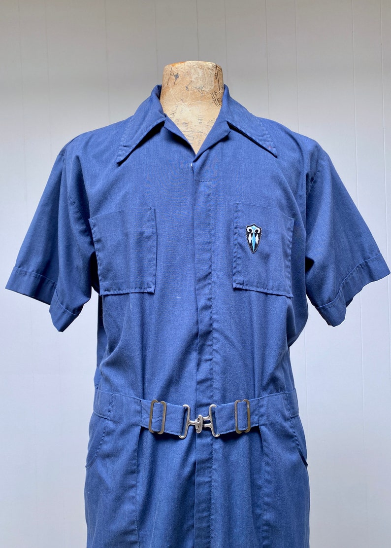 Vintage 1970s Short Sleeve Belted Coveralls, 70s Blue Cotton-Poly Customode Jumpsuit, Utility Work Wear, Leisure Suit, Large 48 Chest, VFG image 5