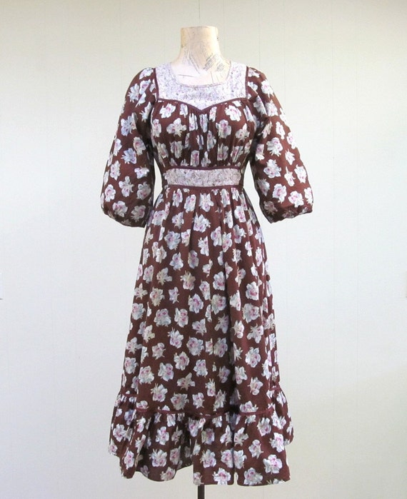 Vintage 1970s Brown Floral Cotton Day Dress, 70s … - image 5