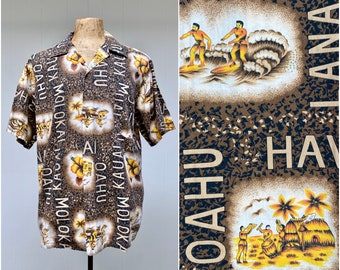 Vintage 1960s Hawaiian Shirt, 60s Brown Cotton Aloha Shirt, Islands, Volcanoes, Surfers, Flowers, Palm Trees, Boats, XL 50" Chest, VFG