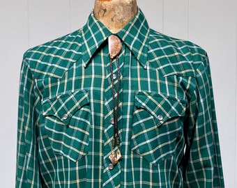 Vintage 1970s H BAR C Green Plaid Western Shirt, 70s California Ranchwear Long Tail Pearl Snap Rockabilly Shirt, Large 46" Chest