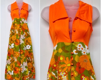 Vintage jaren 1970 fel oranje en bloemen Palazzo Pant jumpsuit, mouwloze hoge taille ultra wijde pijpen, Tiki Oasis, extra kleine 32" buste, VFG