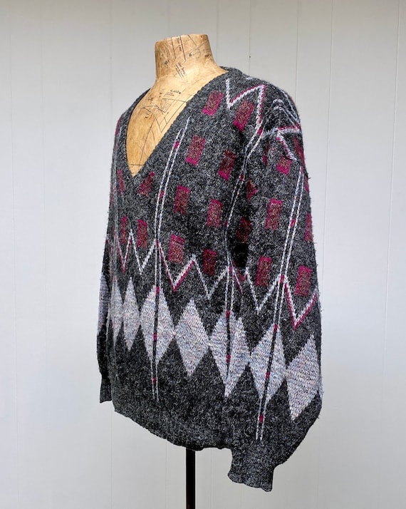 Vintage 1980s Slouchy V Neck Sweater, 80s Gray Ge… - image 3