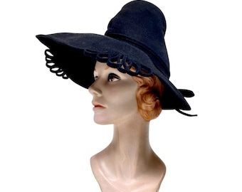 Vintage Dramatic 1930s Wide Brimmed High Peaked Crown Hat, Rare 30s Black Wool Felt Fedora, 20 3/4", VFG