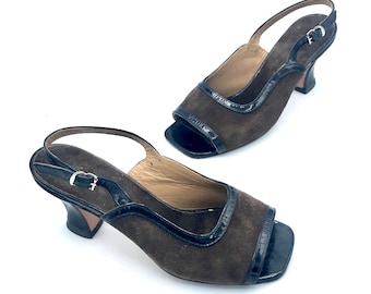 Vintage 1980s Two Tone Shoes, Brown Suede Black Patent Leather Sandals, Open Toe Slingback Spool Heels, US Size 4 - 4 1/2, vFG