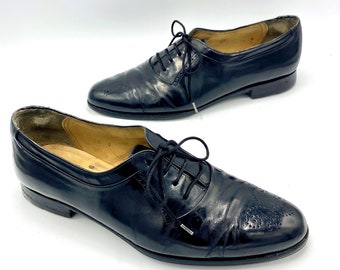 Vintage Bally of Switzerland Dress Shoes, Black Leather Oxfords, Sleek Lace-ups w/Brogue Detail on Toe, Mens US Size 7 1/2 D, Womens 9, VFG