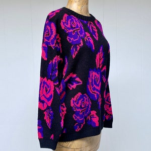 Vintage 1980s Slouchy Dark Floral Sweater, Black Pink Purple Metallic Roses Pullover, New Wave Acrylic Novelty Knit, 44 Bust Medium, VFG image 4