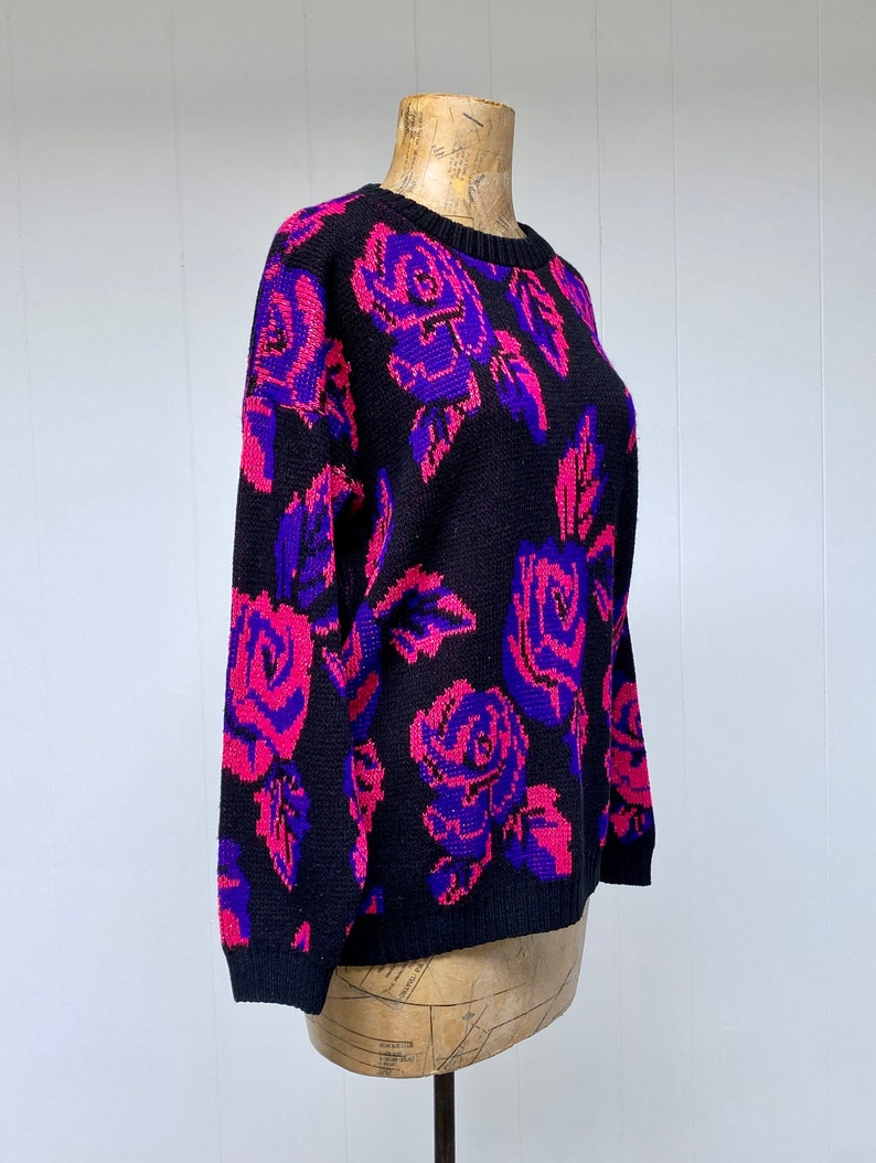 Vintage 1980s Slouchy Dark Floral Sweater, Black Pink Purple Metallic Roses Pullover, New Wave Acrylic Novelty Knit, 44 Bust Medium, VFG image 4